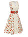 Robe ceinturée beige et rouge à motifs de roses peintes des années 1950