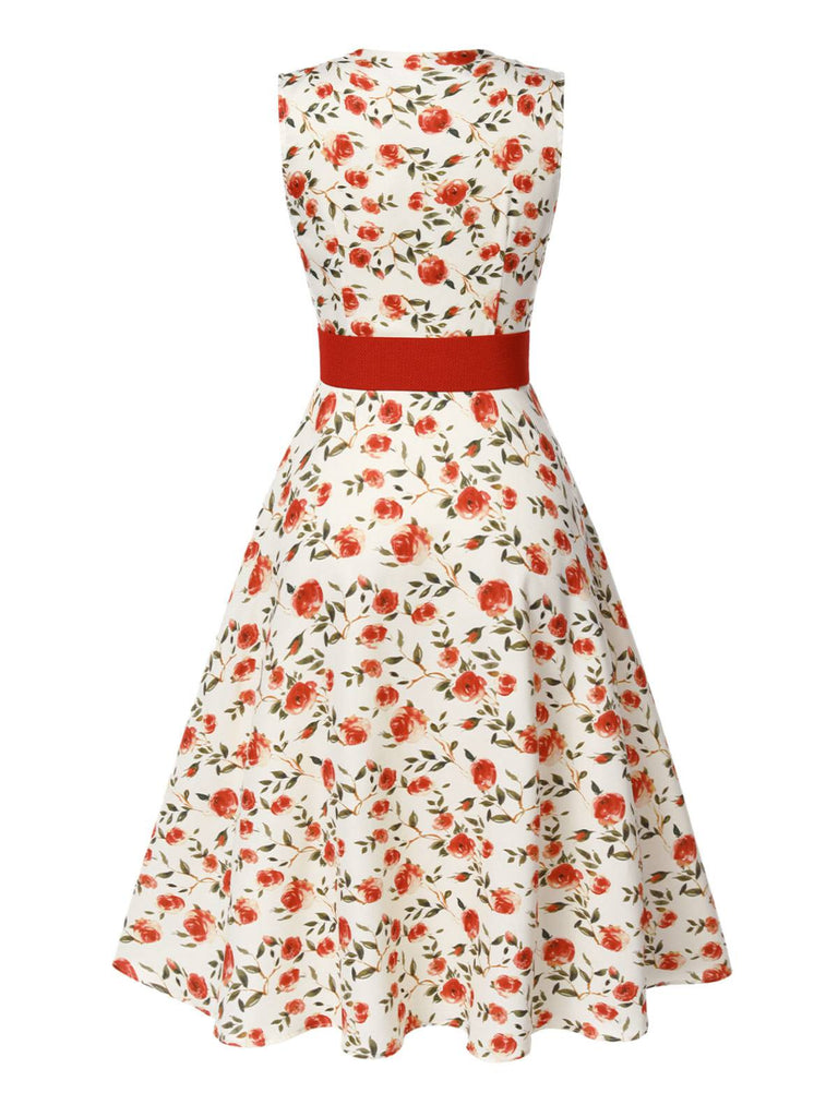 Robe ceinturée beige et rouge à motifs de roses peintes des années 1950