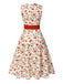 Robe ceinturée beige et rouge à motifs de roses peintes des années 1950