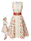 Robe ceinturée beige et rouge à motifs de roses peintes des années 1950