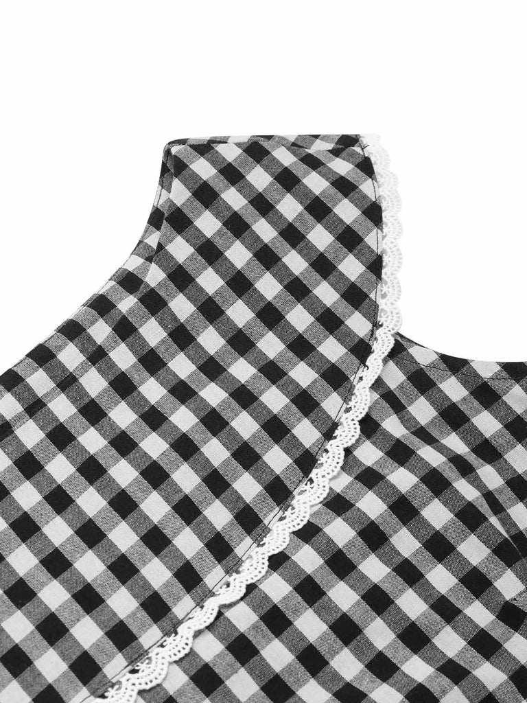 Robe noire à carreaux vichy revers larges avec ceinture années 1950