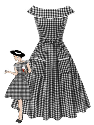 Robe noire à carreaux vichy revers larges avec ceinture années 1950