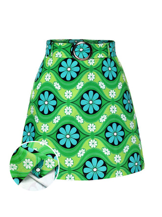 Mini-jupe verte à ceinture fleurie vintage des années 1960