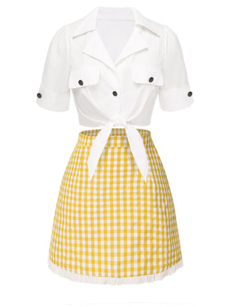 2PCS chemisier à revers noué devant et jupe à carreaux des années 1960
