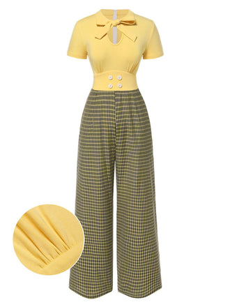 Combinaison à carreaux jaunes col noué et trou de serrure des années 1930