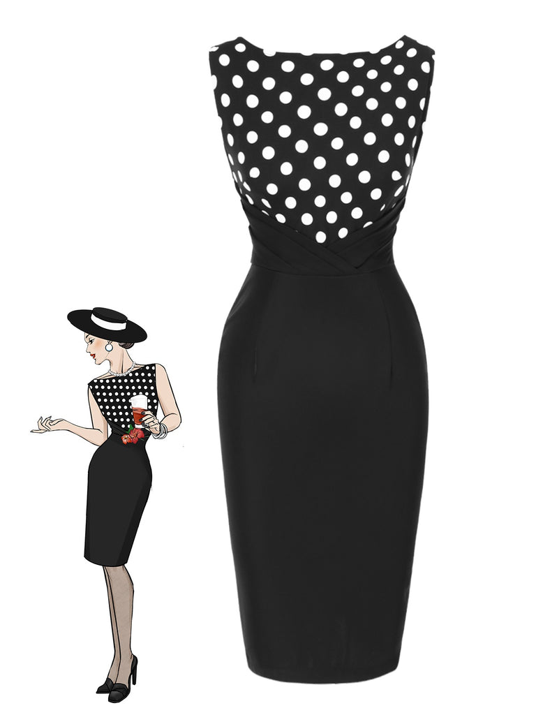 [Prévente] Robe crayon noire à pois patchwork des années 1960
