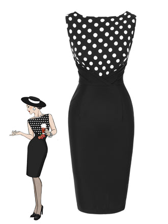 [Prévente] Robe crayon noire à pois patchwork des années 1960