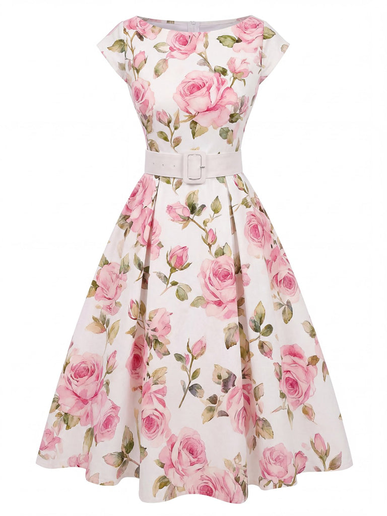 Robe jaune à fleurs antique col bateau ceinturée années 1950