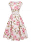 Robe rose à fleurs antique col bateau ceinturée années 1950