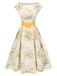 Robe jaune à fleurs antique col bateau ceinturée années 1950