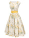 Robe jaune à fleurs antique col bateau ceinturée années 1950