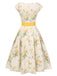 Robe jaune à fleurs antique col bateau ceinturée années 1950