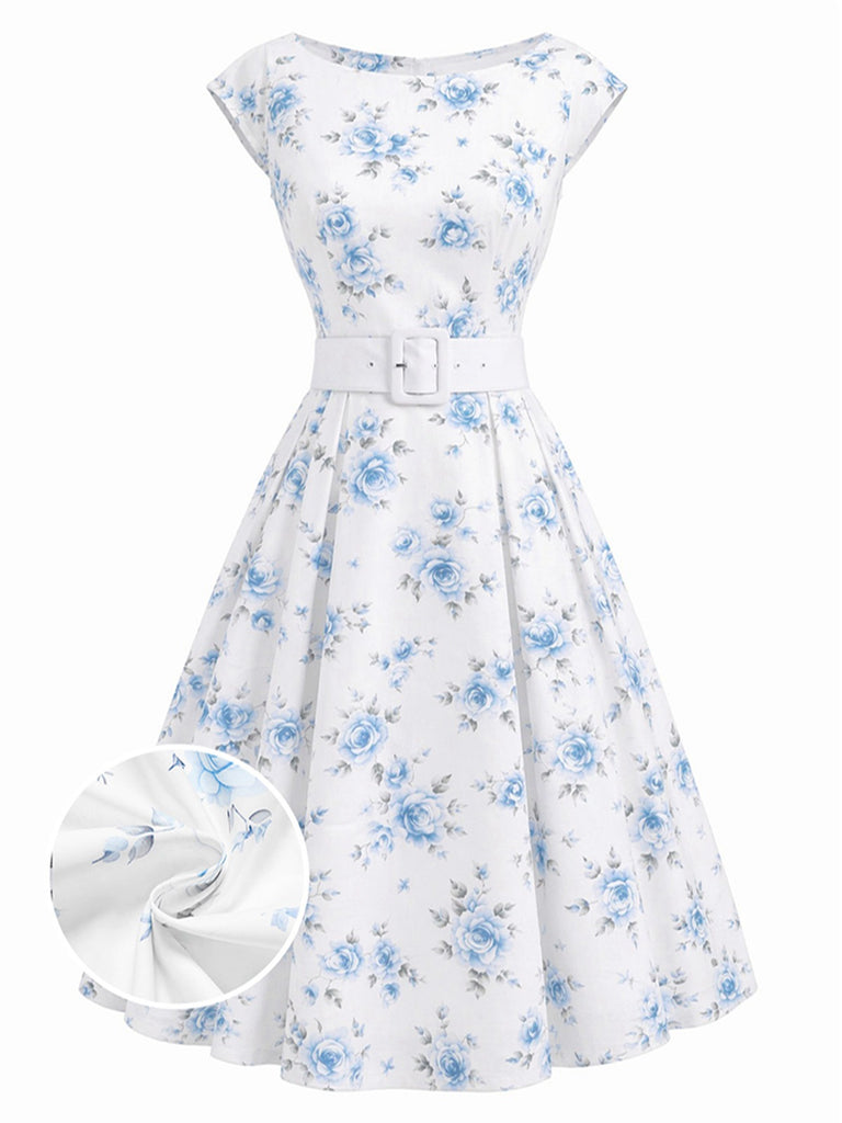 Robe jaune à fleurs antique col bateau ceinturée années 1950