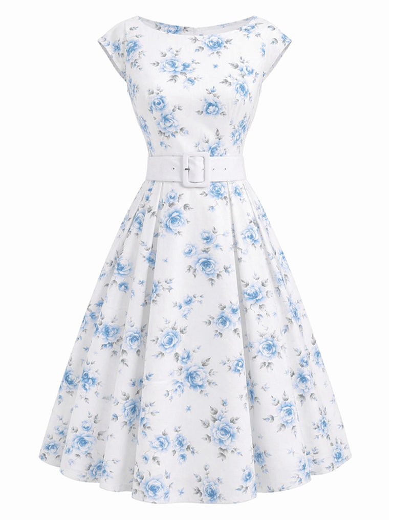 Robe jaune à fleurs antique col bateau ceinturée années 1950