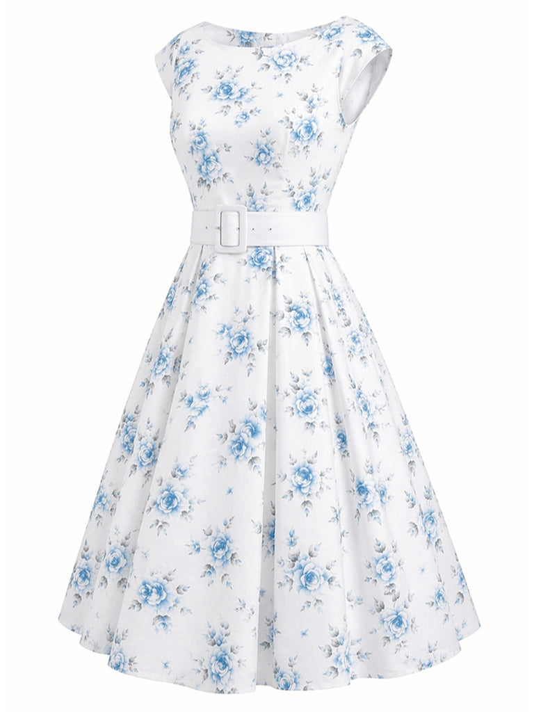 Robe jaune à fleurs antique col bateau ceinturée années 1950