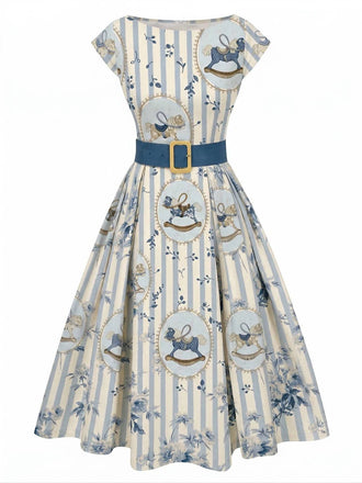 [Prévente] Robe bleu cheval col bateau ceinturée années 1950