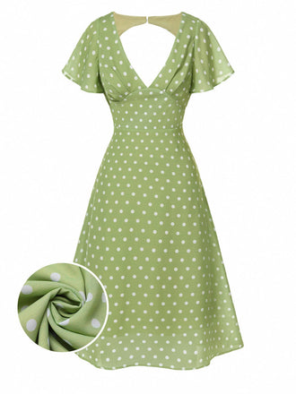 Robe verte à pois ajourés dans le dos des années 40
