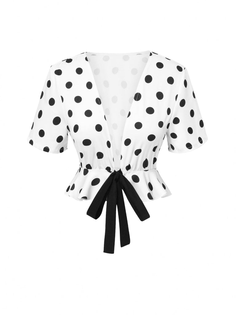 2PCS haut à pois et pantalon droit blanc et noir années 50