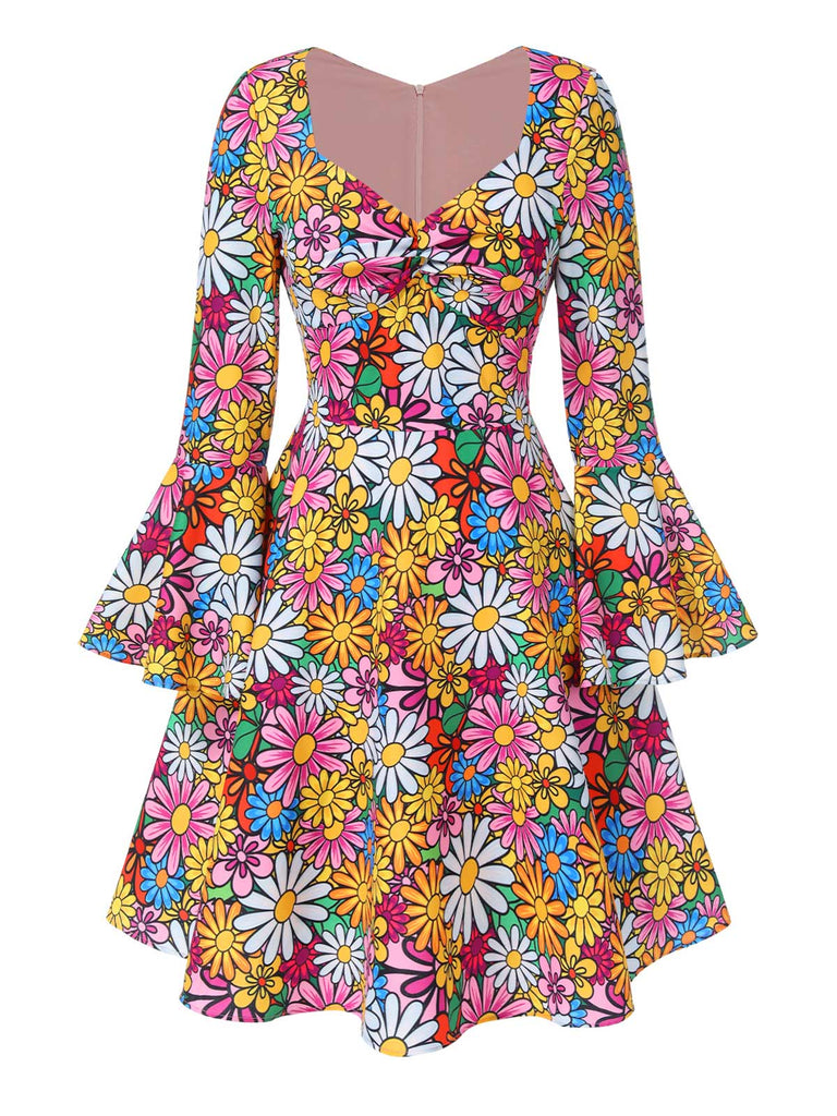Robe hippie multicolore marguerites manches évasées des années 1960
