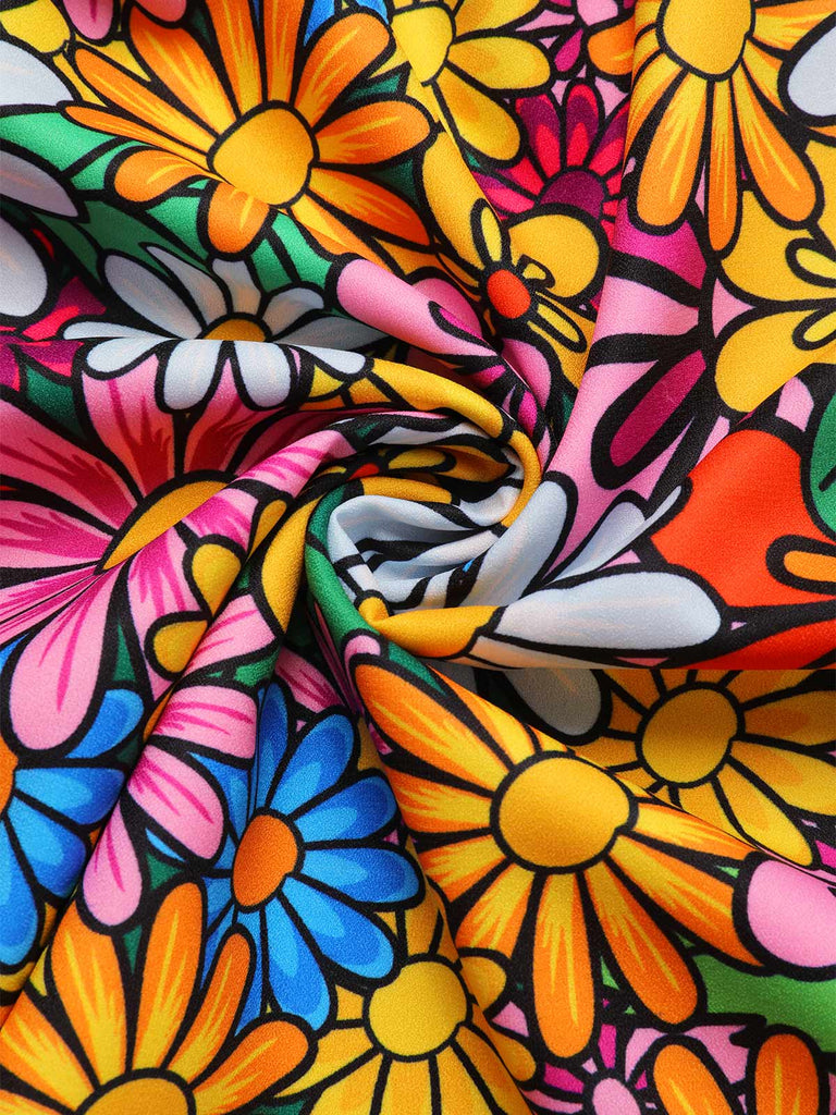Robe hippie multicolore marguerites manches évasées des années 1960