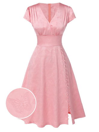 Robe en satin rose col V profond papillon jacquard des années 1940