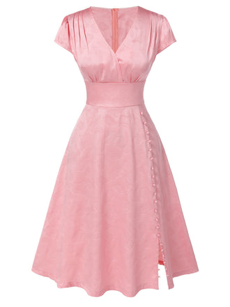 Robe en satin rose col V profond papillon jacquard des années 1940