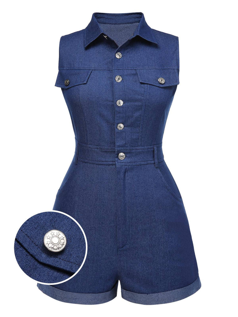 Combishort en jean bleu uni en coton à poches des années 1970
