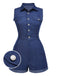 Combishort en jean bleu uni en coton à poches des années 1970