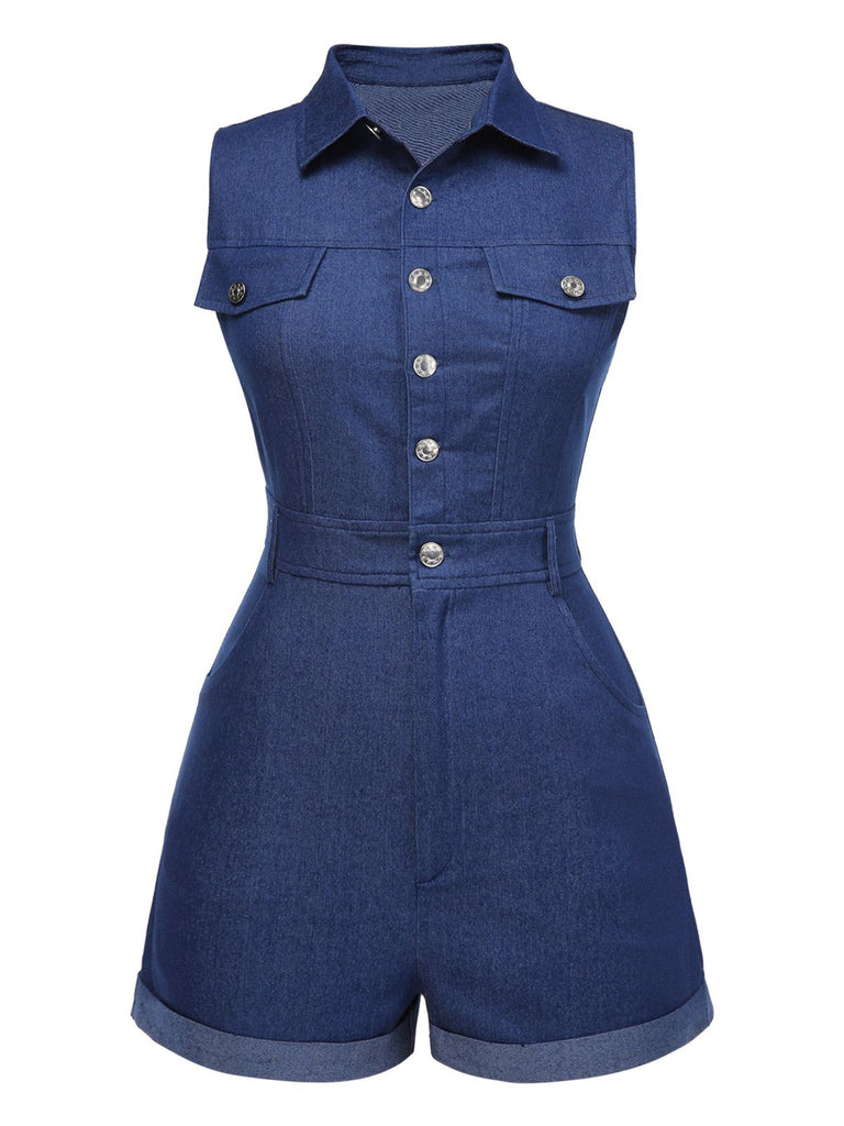 Combishort en jean bleu uni en coton à poches des années 1970