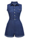Combishort en jean bleu uni en coton à poches des années 1970