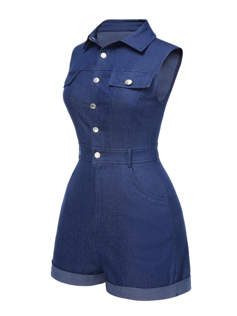 Combishort en jean bleu uni en coton à poches des années 1970