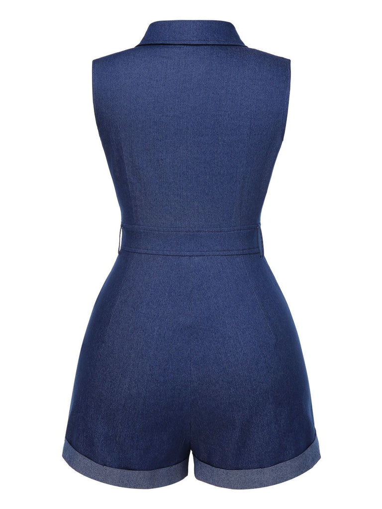 Combishort en jean bleu uni en coton à poches des années 1970