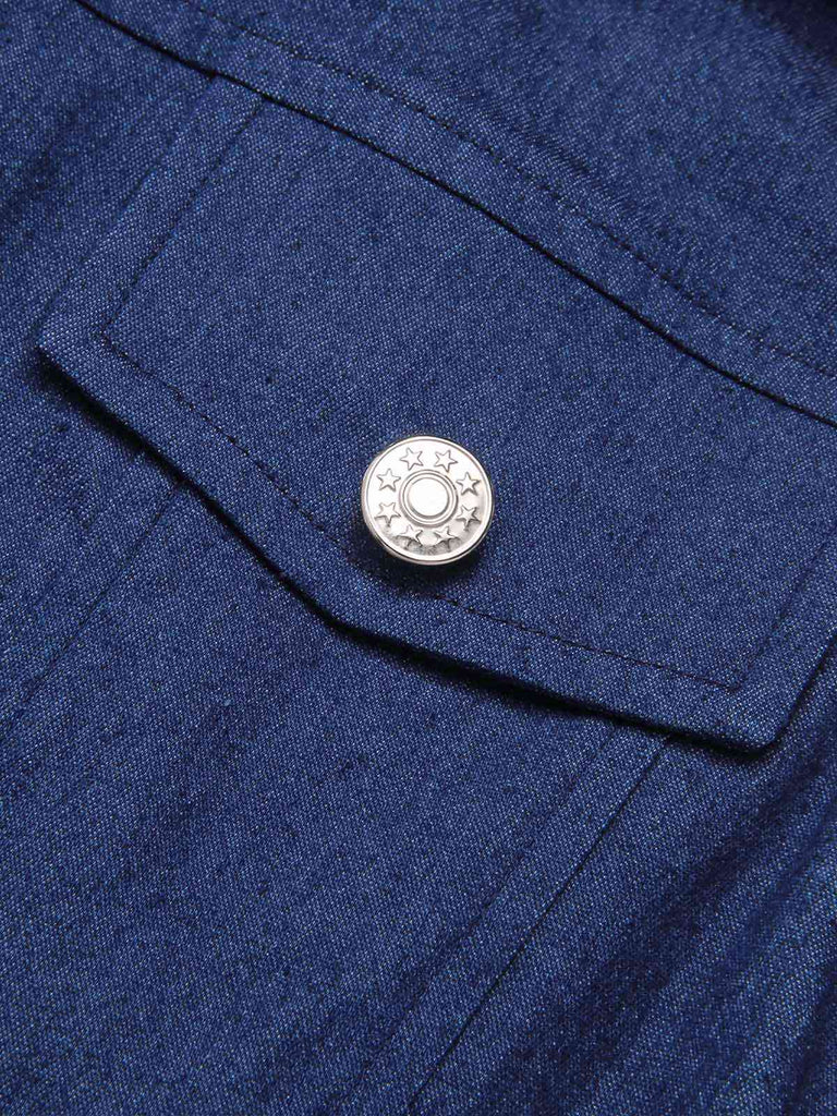 Combishort en jean bleu uni en coton à poches des années 1970