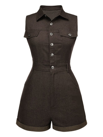 Combishort en jean marron uni en coton à poches des années 1970