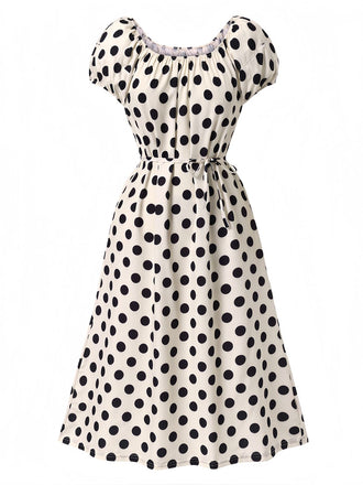 Robe beige à pois et manches bouffantes des années 1940