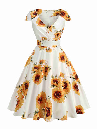 Robe trapèze blanche et jaune à motif tournesol des années 1950