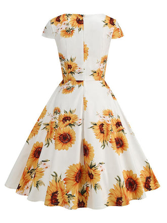 Robe trapèze blanche et jaune à motif tournesol des années 1950