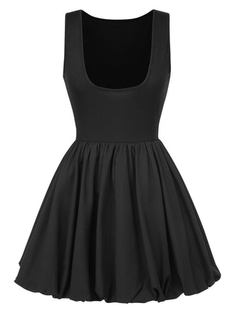 Robe boule noire unie à dos échancré sans manches des années 1960