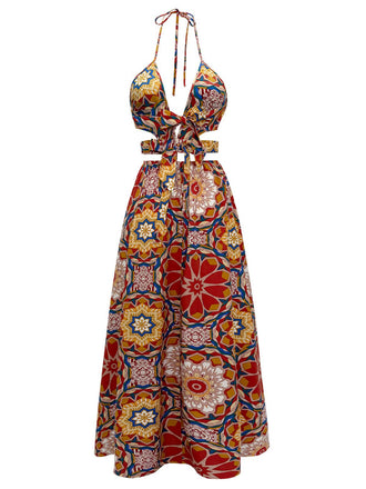 Robe de bohème dos nu à fleurs multicolores des années 1970