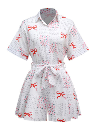 Combishort rose revers motif nœud et florale avec ceinture années 1950