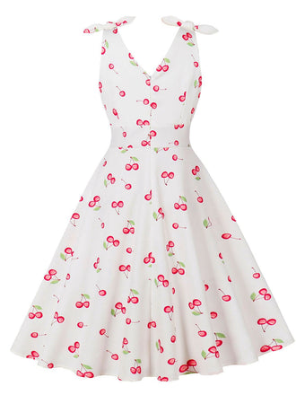 Robe cerise blanche col V nœud d'épaule des années 1950
