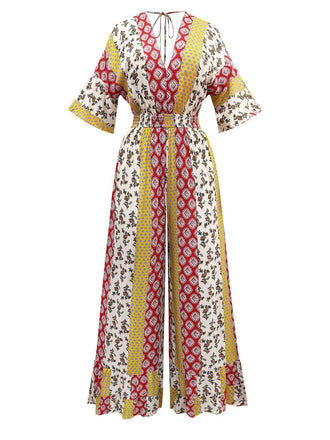 Combinaison jaune motif tribal floral bohème des années 1970
