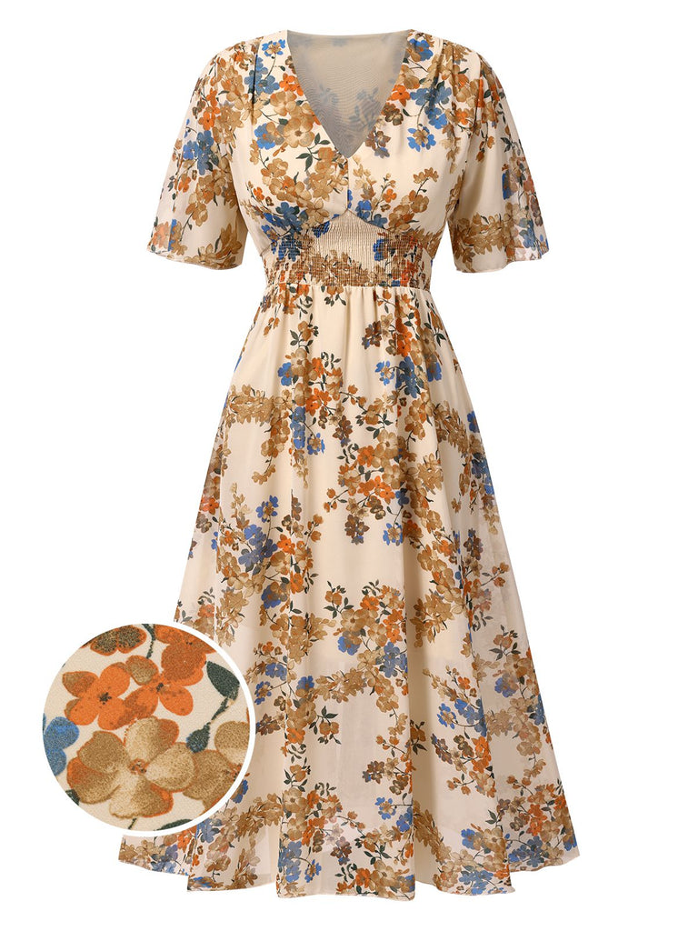 Robe fleurie vintage beige col V à taille smockée des années 1930