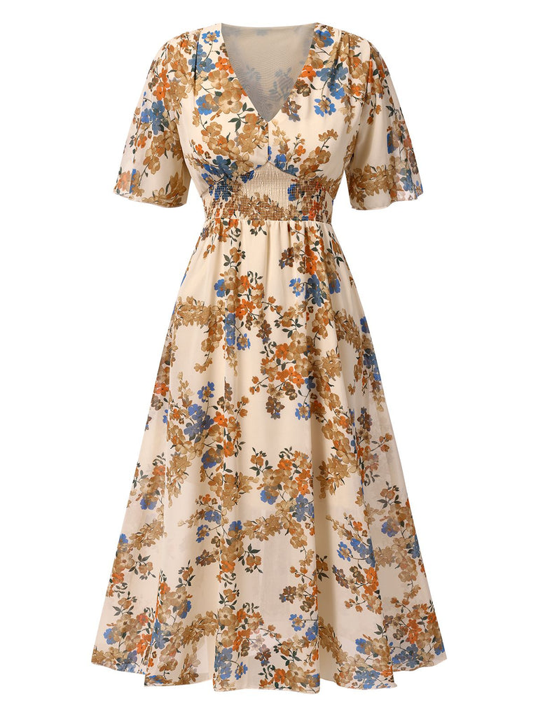 Robe fleurie vintage beige col V à taille smockée des années 1930