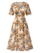 Robe fleurie vintage beige col V à taille smockée des années 1930