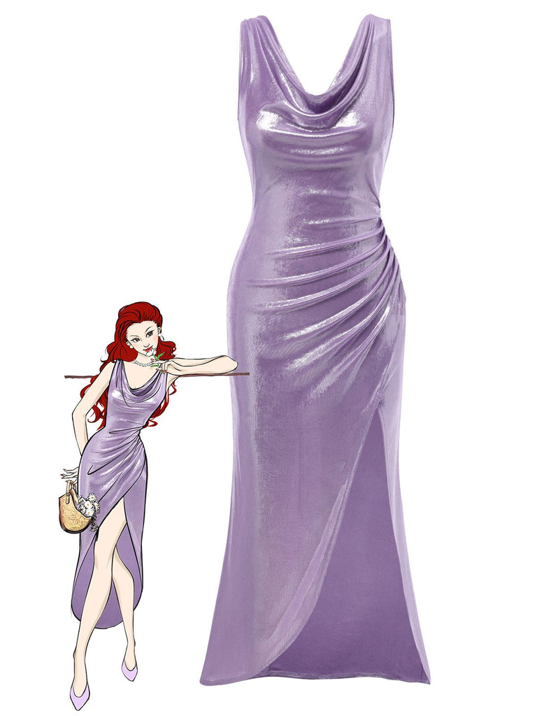Robe lavande col bénitier avec fente haute luminosité nacrée des années 1960