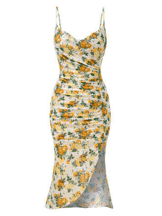 Robe froncée à bretelles sirène roses jaunes des années 1930