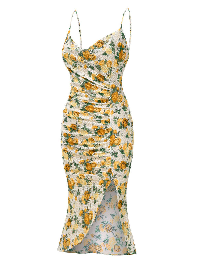 Robe froncée à bretelles sirène roses jaunes des années 1930