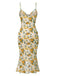 Robe froncée à bretelles sirène roses jaunes des années 1930