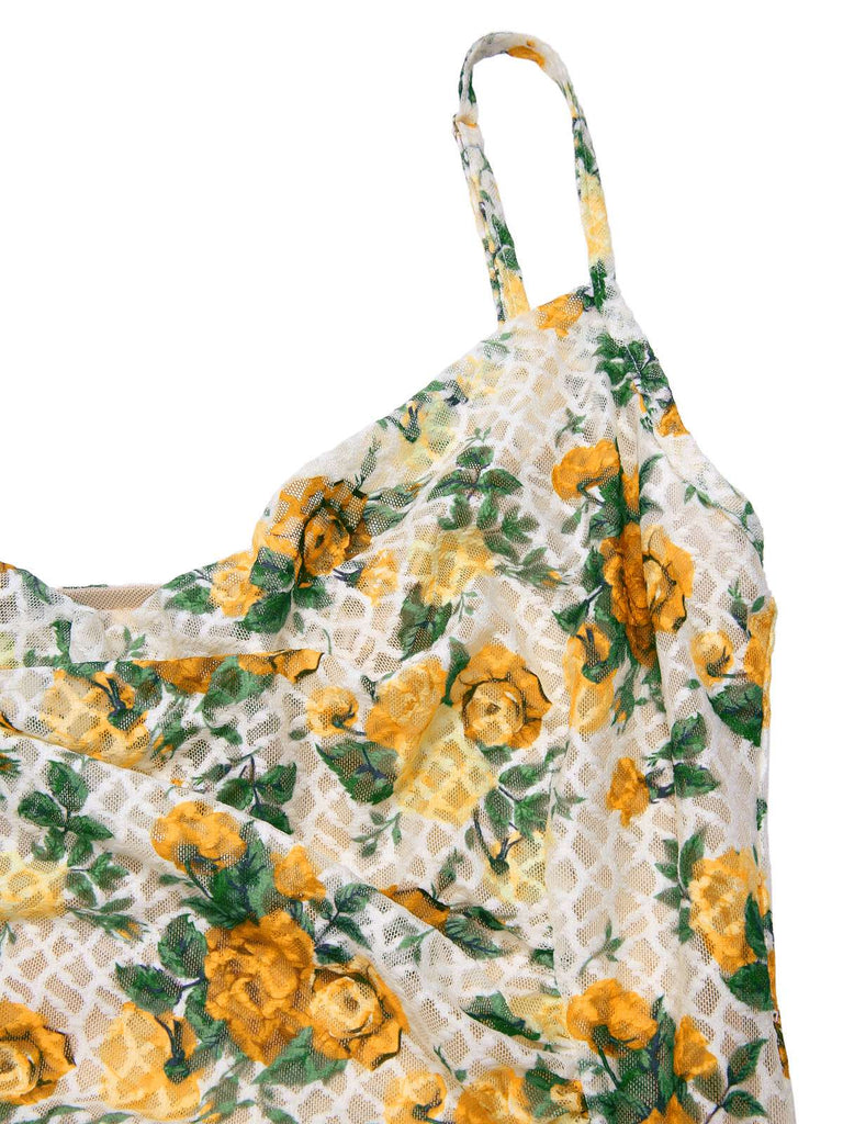 Robe froncée à bretelles sirène roses jaunes des années 1930